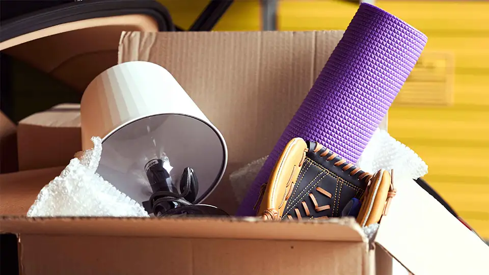 Open cardboard box filled with household items including a lamp, yoga mat, and baseball glove, packed and ready for self storage, with a storage unit in the background.